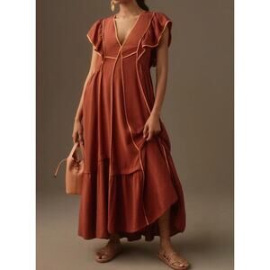Anthropologie The Mimi Flutter-Sleeve Tipped Maxi Dress Rust Medium Petite
